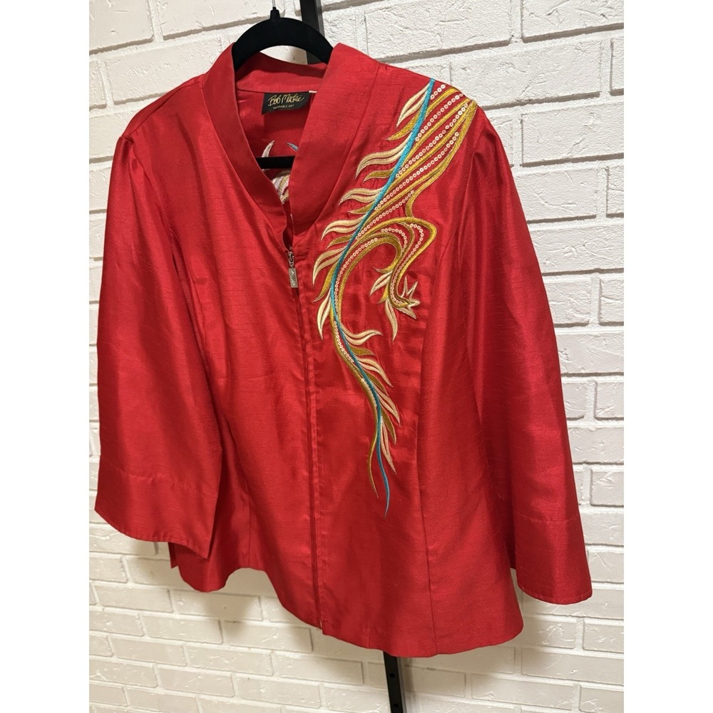 Bob Mackie Wearable Art  Jacket Red Dragon Embroidered Asian Zip 1X LNY‎